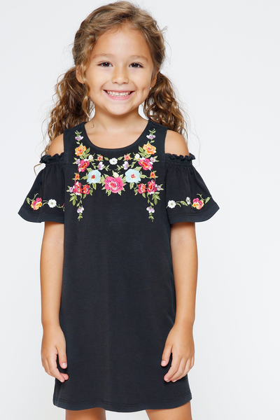 Little Girls Floral Embroidered Cold Shoulder Jersey Dress