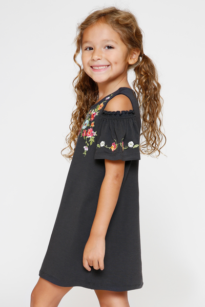 Little Girls Floral Embroidered Cold Shoulder Jersey Dress