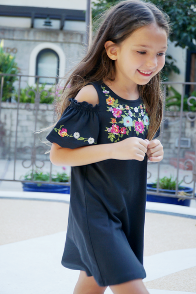 Little Girls Floral Embroidered Cold Shoulder Jersey Dress