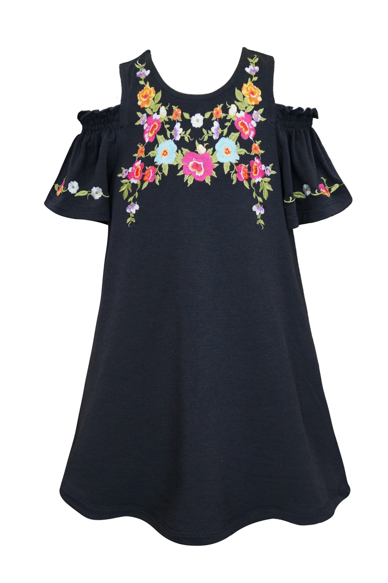 Little Girls Floral Embroidered Cold Shoulder Jersey Dress