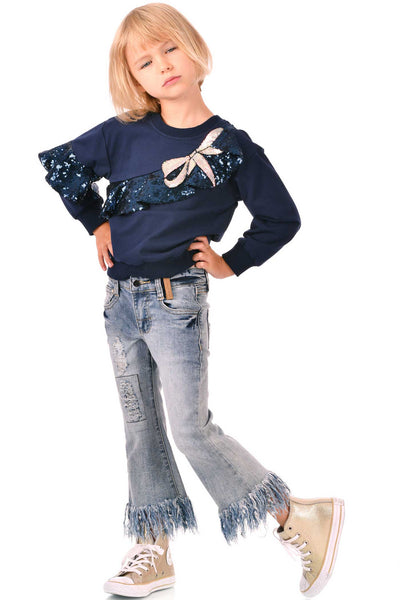 Hannah Banana Girls Asymmetrical Sequin Ruffle Sweatshirt