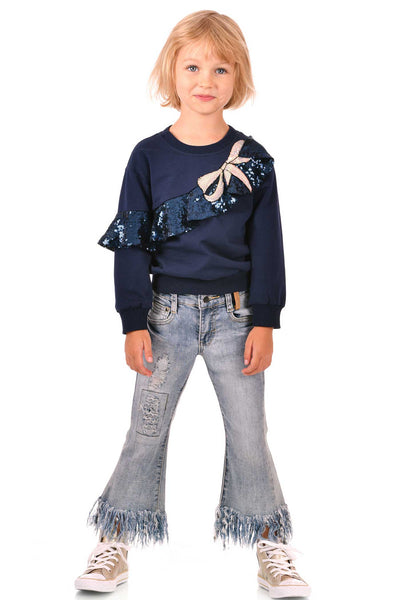 Hannah Banana Girls Asymmetrical Sequin Ruffle Sweatshirt