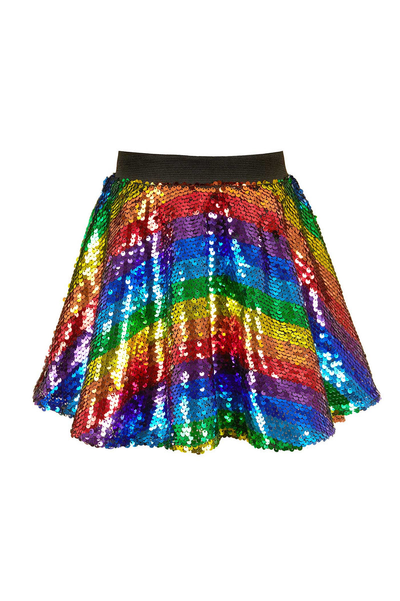 Girls Rainbow Stripe Sequin Circular Skater Mini Skirt