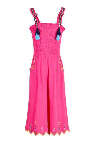 Hannah Banana Girls Fuchsia Smocked Tops Embroidered Jumpsuit