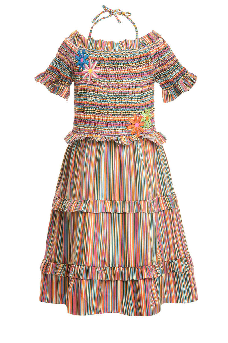 Hannah Banana Girls Off The Shoulder Colorful Stripe Smocked Top Dress