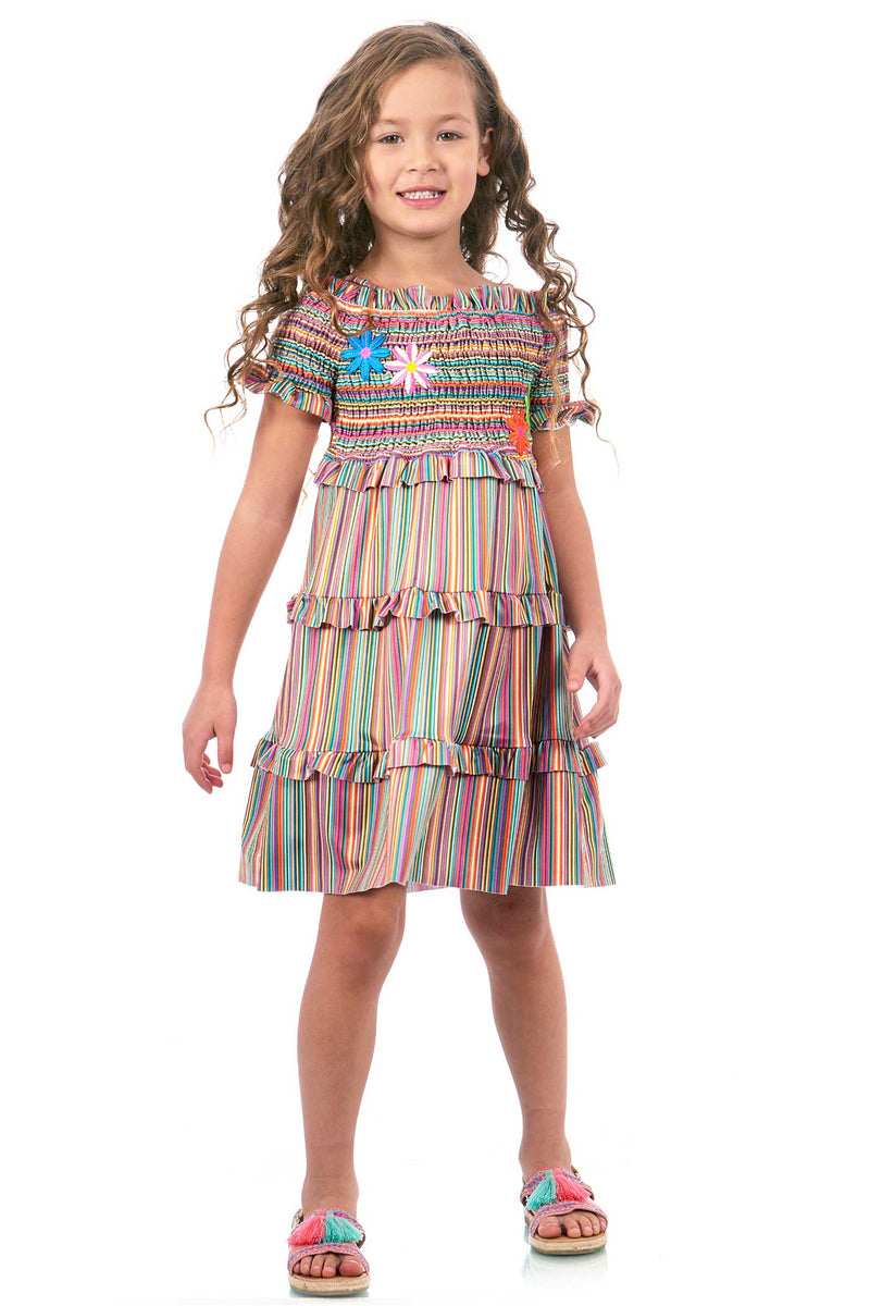 Hannah Banana Girls Off The Shoulder Colorful Stripe Smocked Top Dress