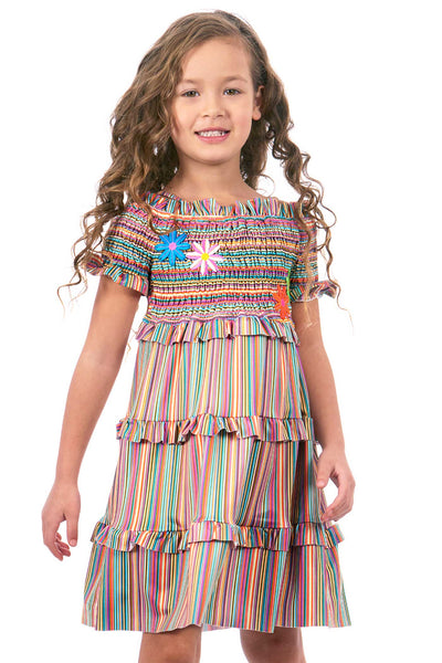 Hannah Banana Girls Off The Shoulder Colorful Stripe Smocked Top Dress