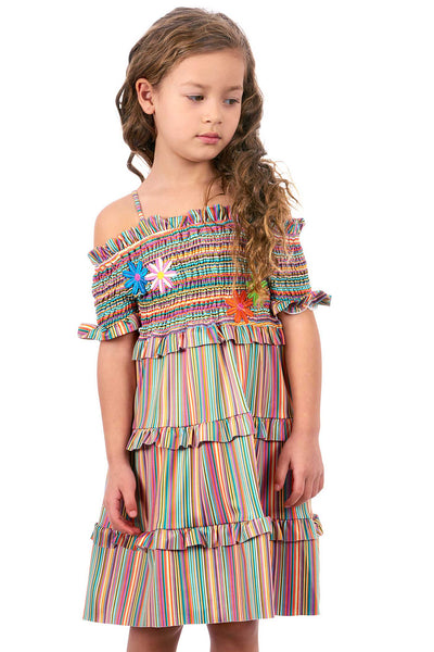 Hannah Banana Girls Off The Shoulder Colorful Stripe Smocked Top Dress