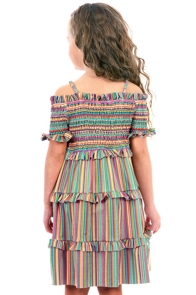 Hannah Banana Girls Off The Shoulder Colorful Stripe Smocked Top Dress