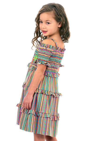 Hannah Banana Girls Off The Shoulder Colorful Stripe Smocked Top Dress