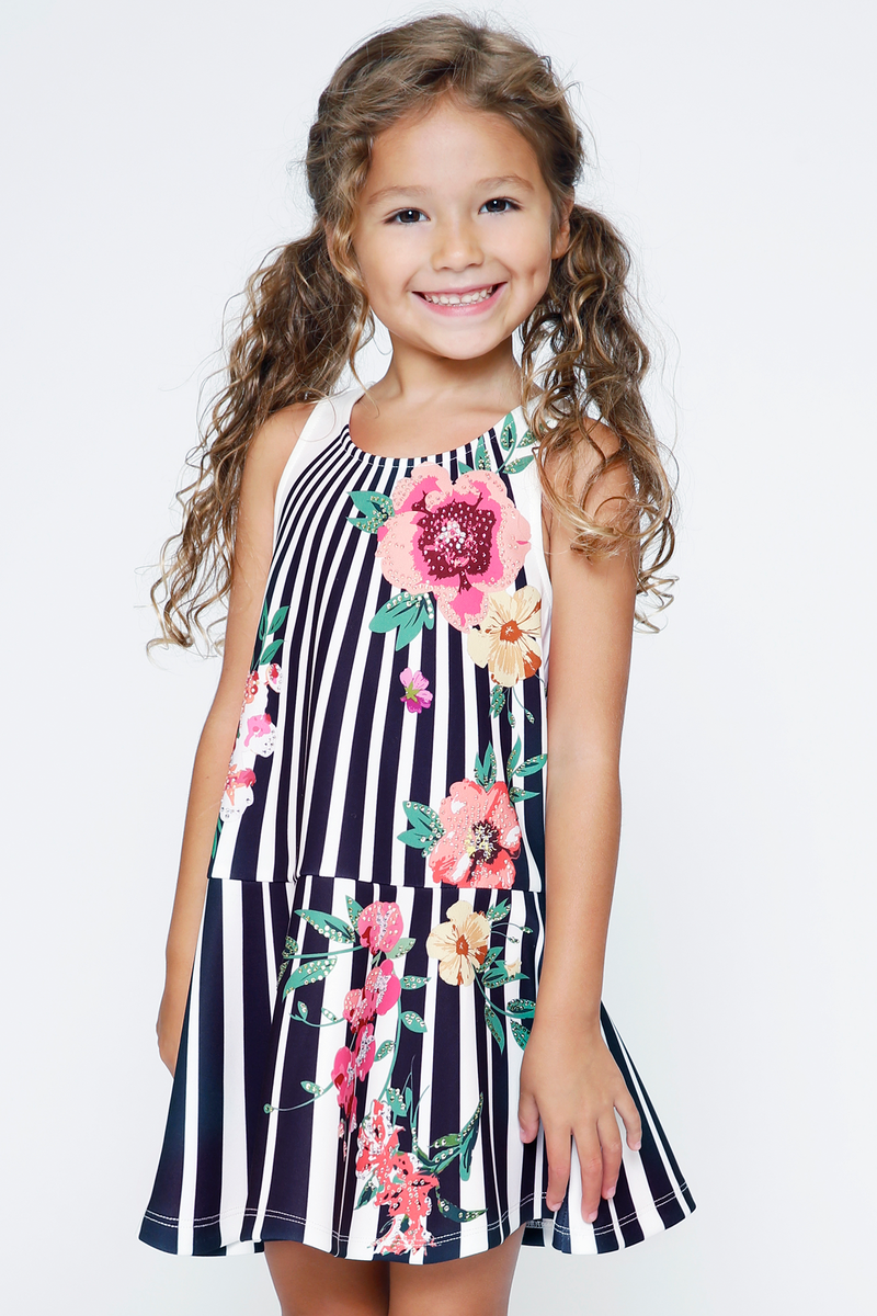 Little Girls Sleeveless Dropped Waist Floral and Stripe Print Dress