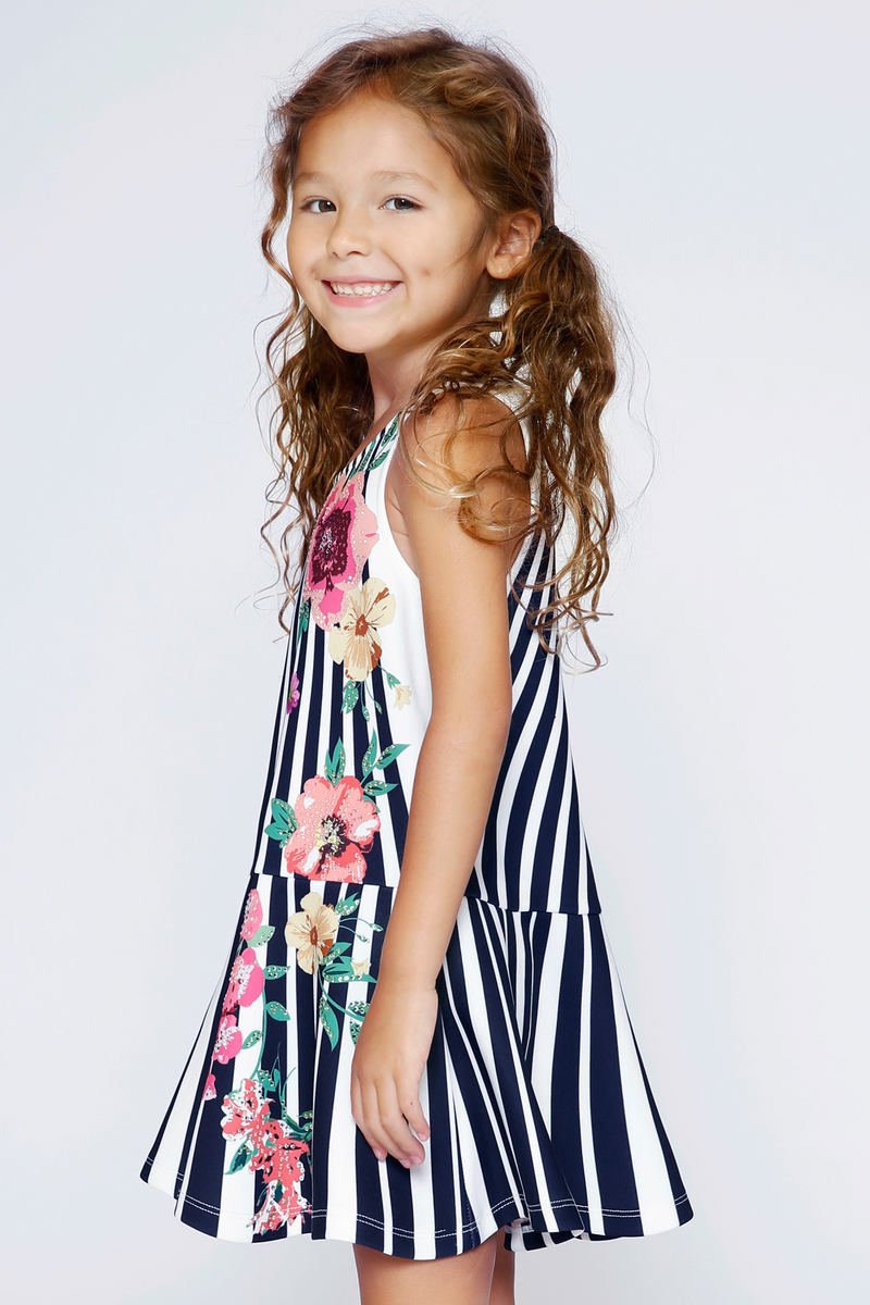 Little Girls Sleeveless Dropped Waist Floral and Stripe Print Dress