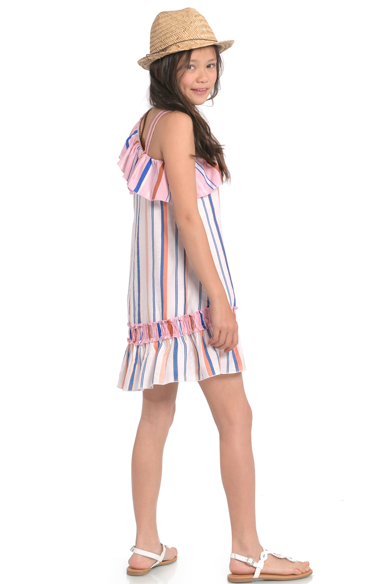 Big Girls One Shoulder Striped Ruffle Summer Dress