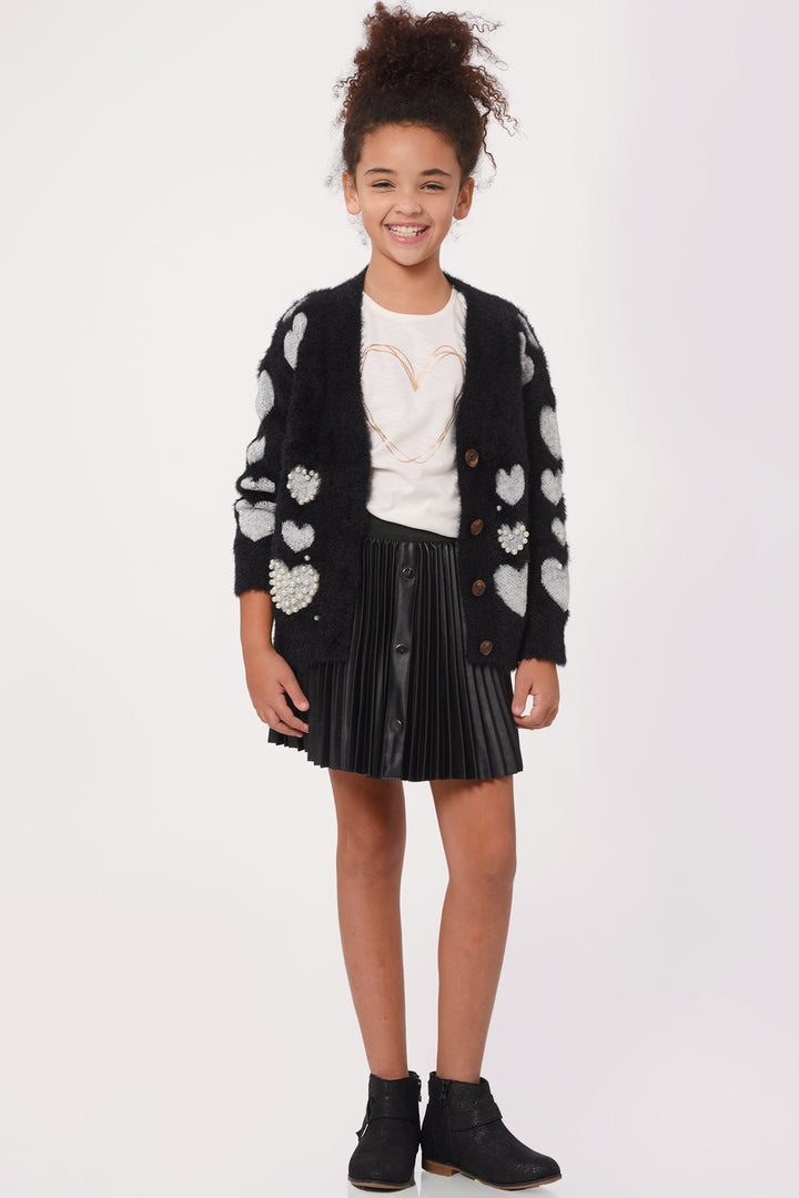 Hannah Banana Little Girl's Luxe Fuzzy Pearl Heart Cardigan