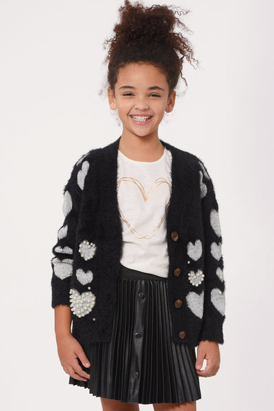 Hannah Banana Little Girl's Luxe Fuzzy Pearl Heart Cardigan