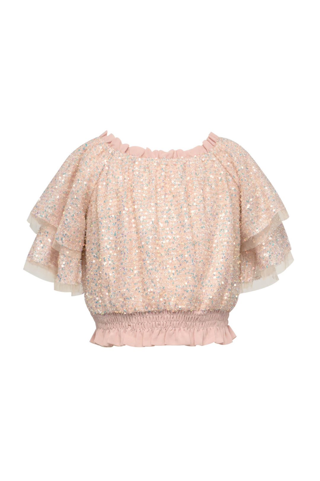 Iridescent Ruffled Short Sleeve Sequin Crop Top