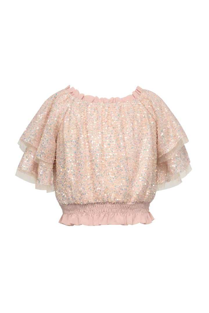 Iridescent Ruffled Short Sleeve Sequin Crop Top