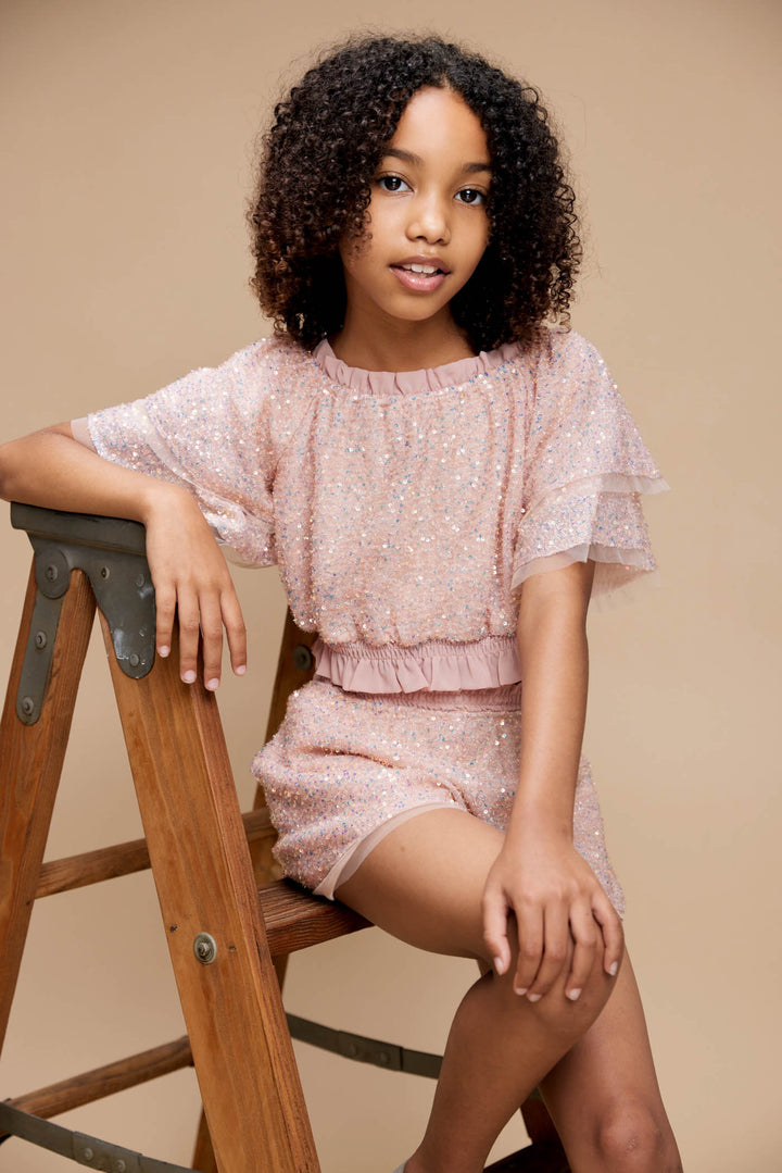 Iridescent Ruffled Short Sleeve Sequin Crop Top