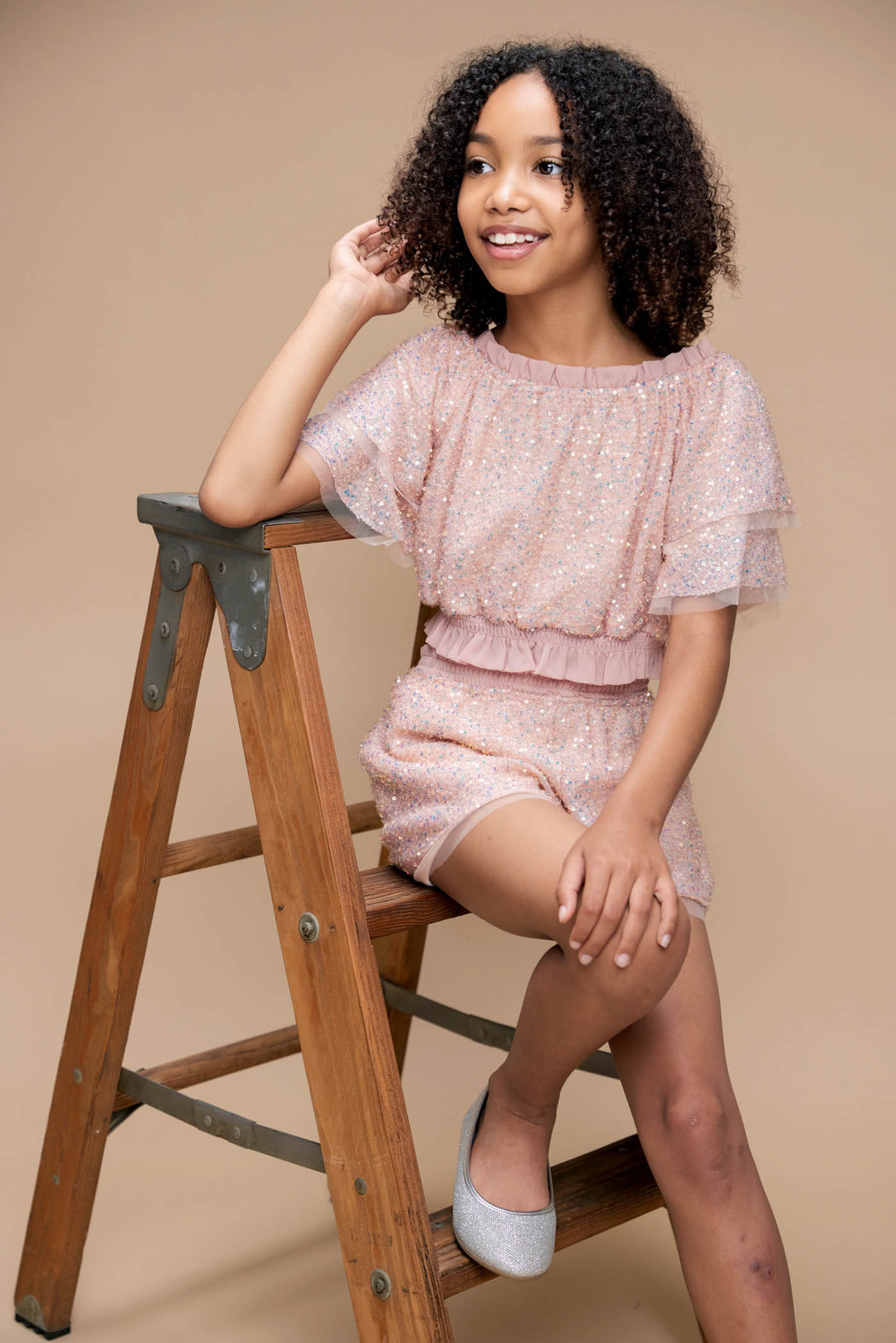 Iridescent Ruffled Short Sleeve Sequin Crop Top