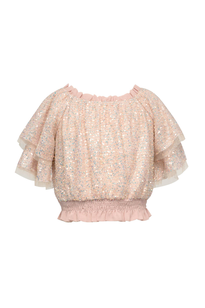 Iridescent Ruffled Short Sleeve Sequin Crop Top