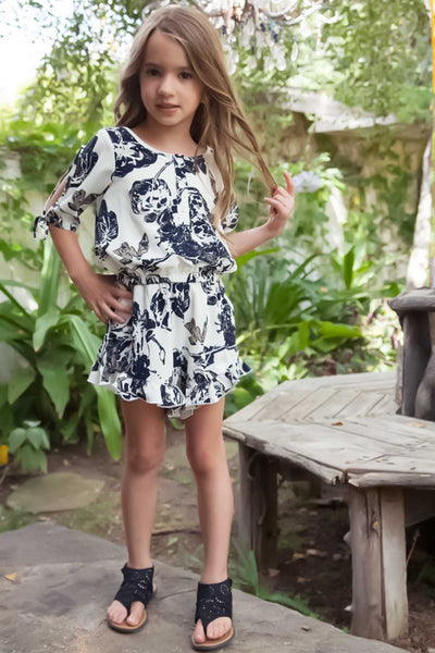 Hannah Banana Little Girls Button Front Elbow Sleeve Floral Print Romper