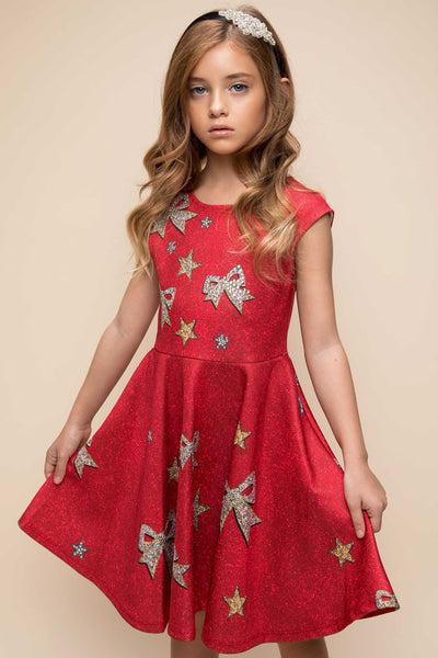 Hannah Banana jewel bow fit and flare red holiday skater dress