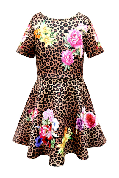 SKATER DRESS WITH LEOPARD AND FLORAL PRINT