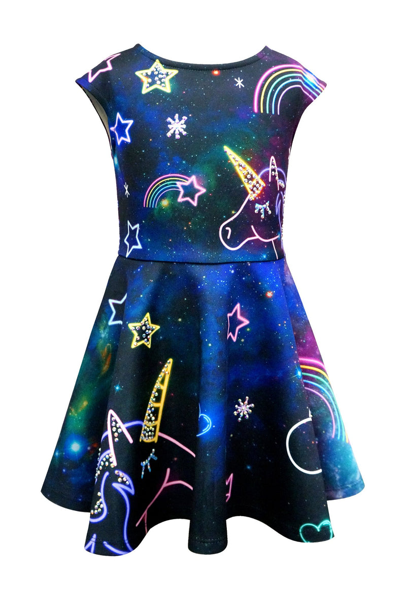 SKATER DRESS WITH NEON UNICORN FANTASY PRINT