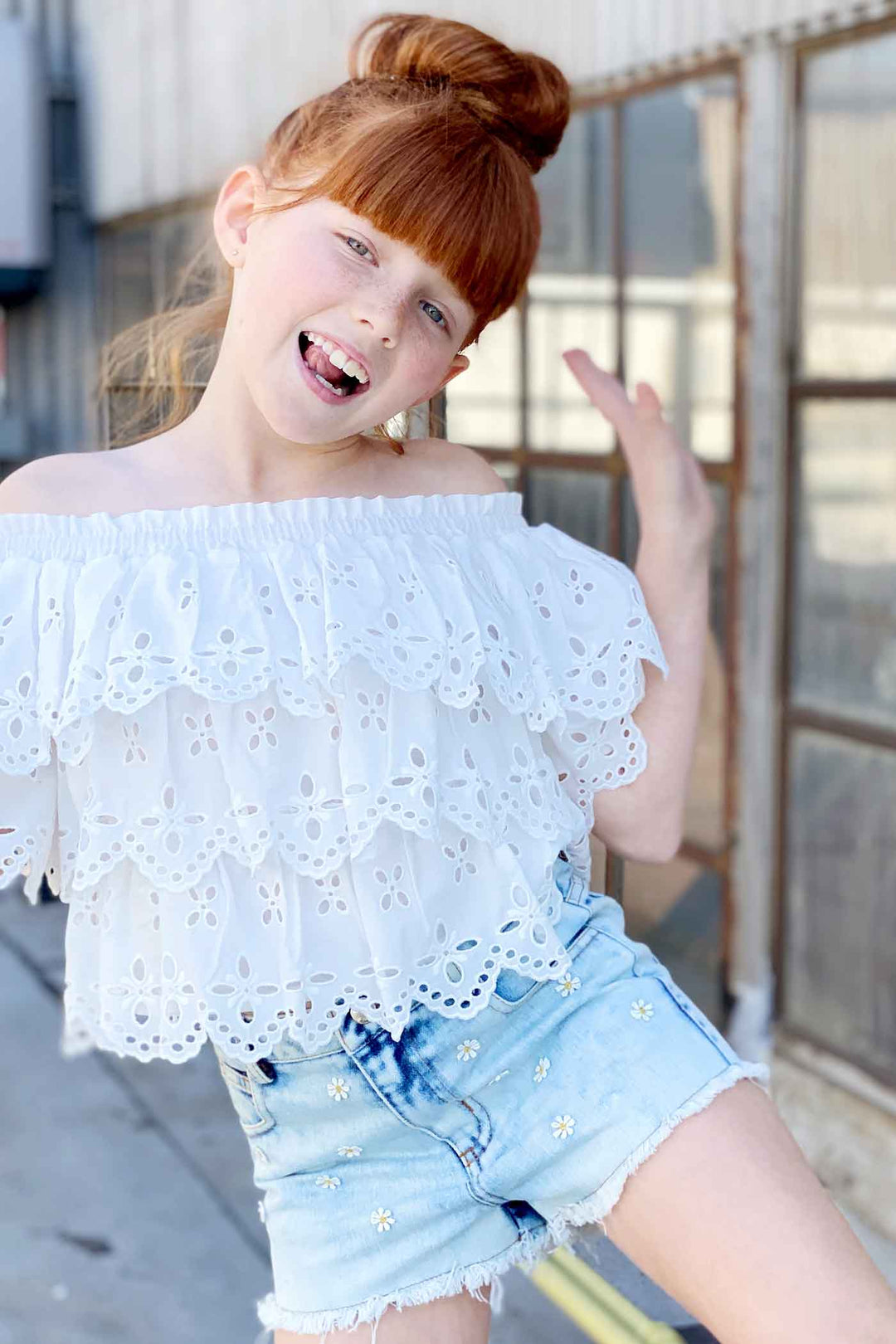 Hannah Banana Girls Washed Daisy Denim Shorts