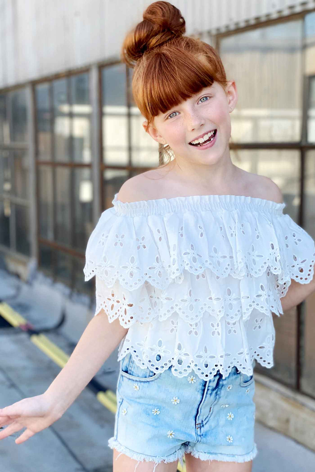 Hannah Banana Girls Washed Daisy Denim Shorts