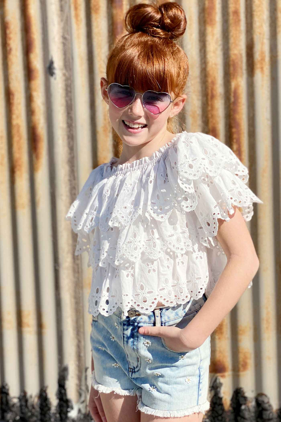 Hannah Banana Girls Washed Daisy Denim Shorts