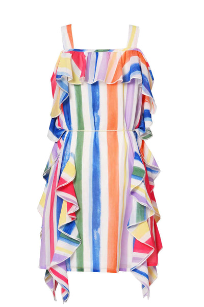 Hannah Banana Girls Rainbow Stripe Cold Shoulder Ruffled Chiffon Dress