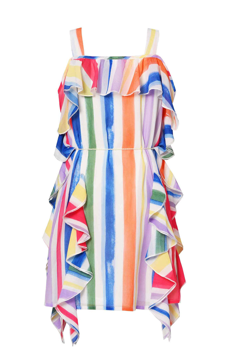 Hannah Banana Girls Rainbow Stripe Cold Shoulder Ruffled Chiffon Dress