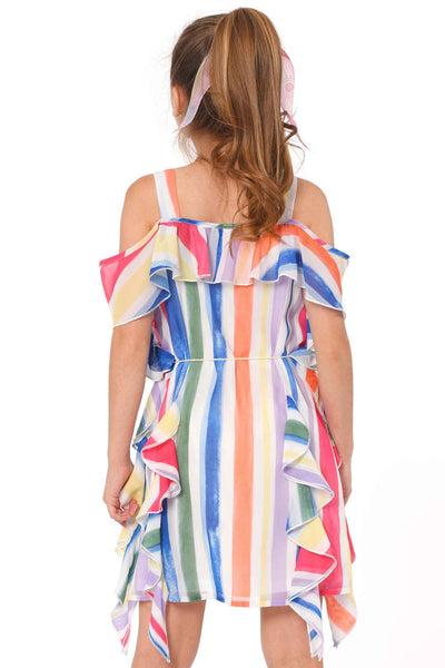 Hannah Banana Girls Rainbow Stripe Cold Shoulder Ruffled Chiffon Dress