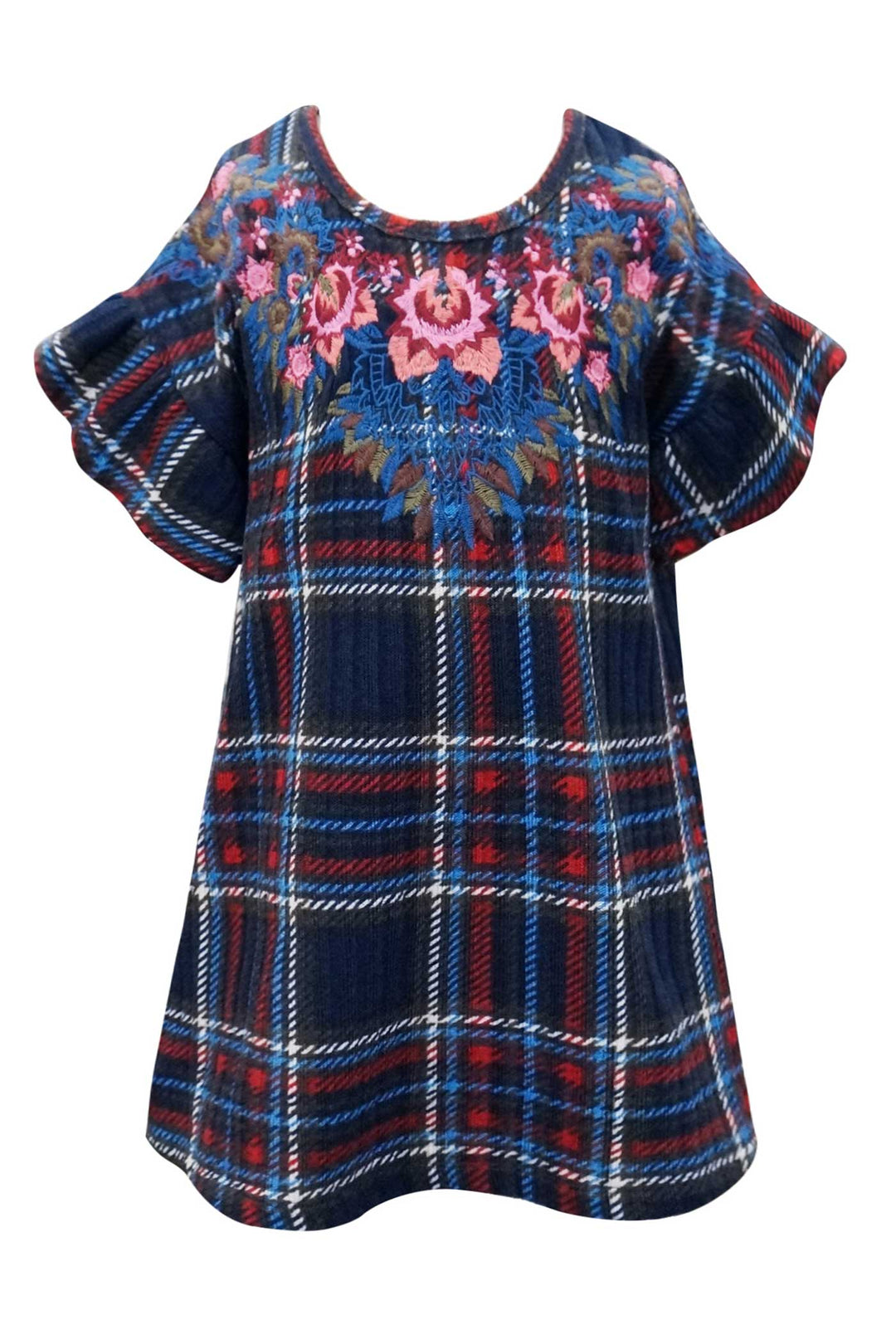 Hannah Banana Girls Flower Embroidered Short Sleeve Plaid Dress