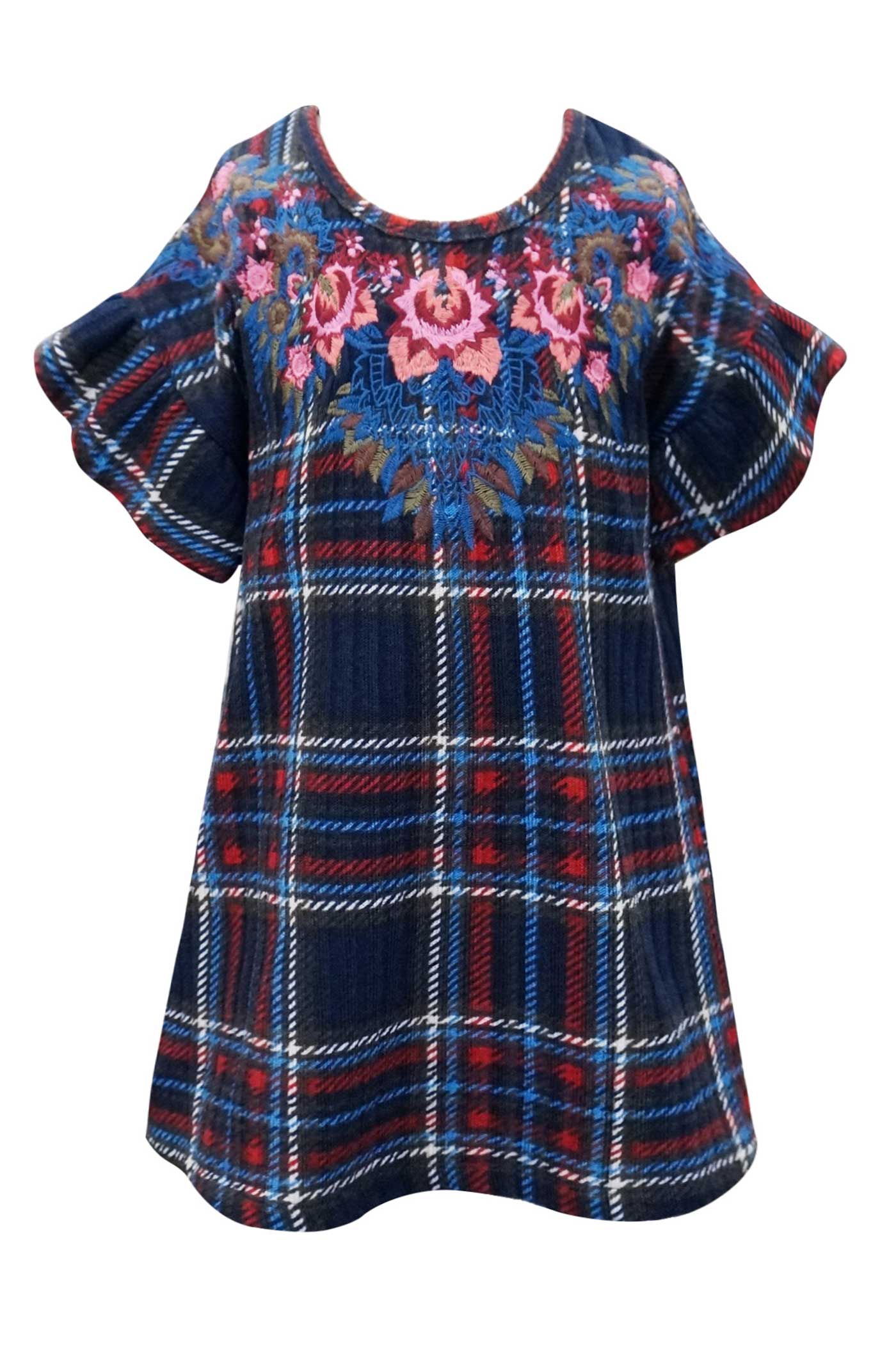 Hannah Banana Girls Flower Embroidered Short Sleeve Plaid Dress