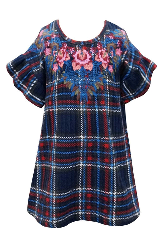 Hannah Banana Girls Flower Embroidered Short Sleeve Plaid Dress
