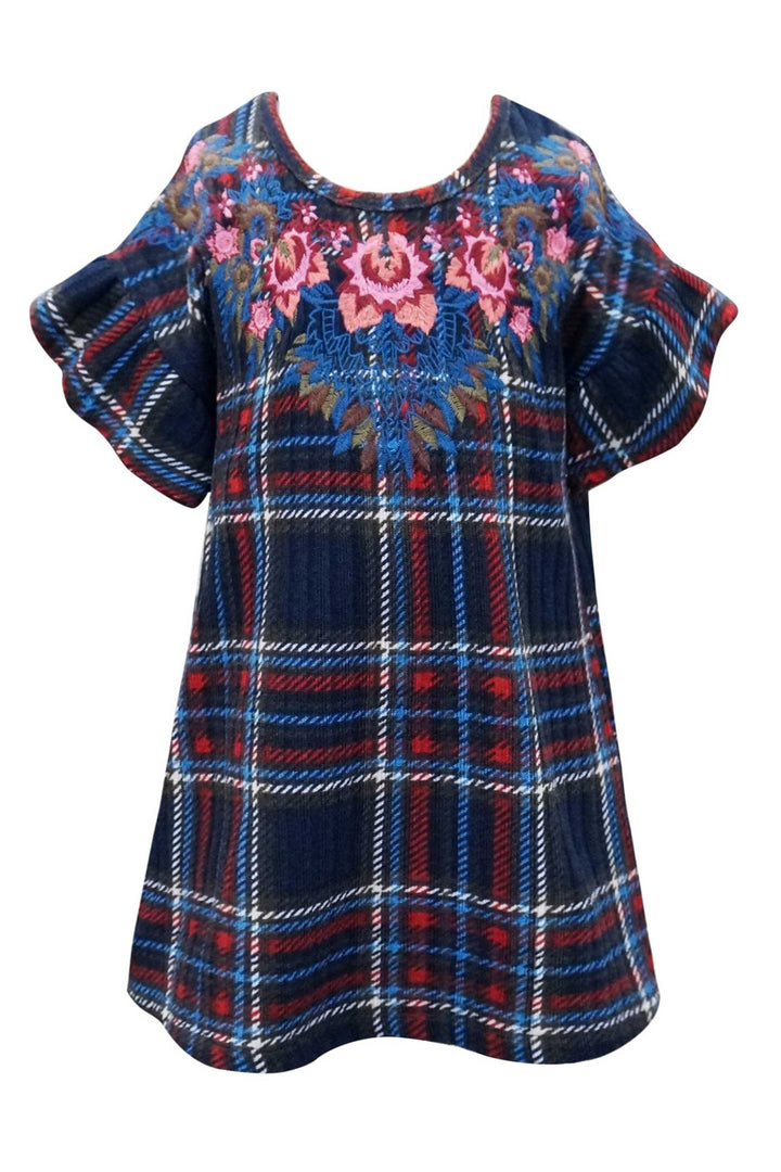 Hannah Banana Girls Flower Embroidered Short Sleeve Plaid Dress