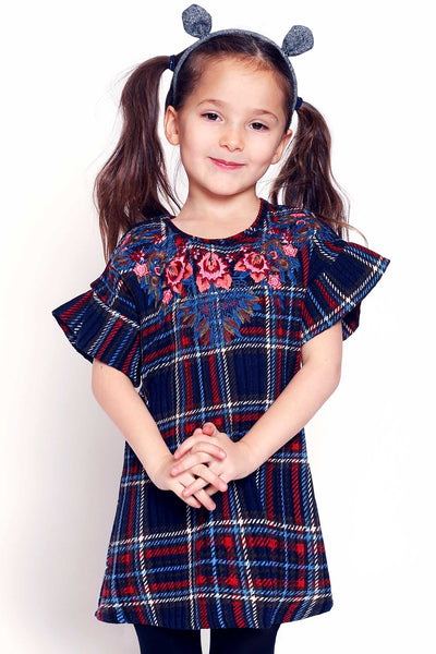 Hannah Banana Girls Flower Embroidered Short Sleeve Plaid Dress