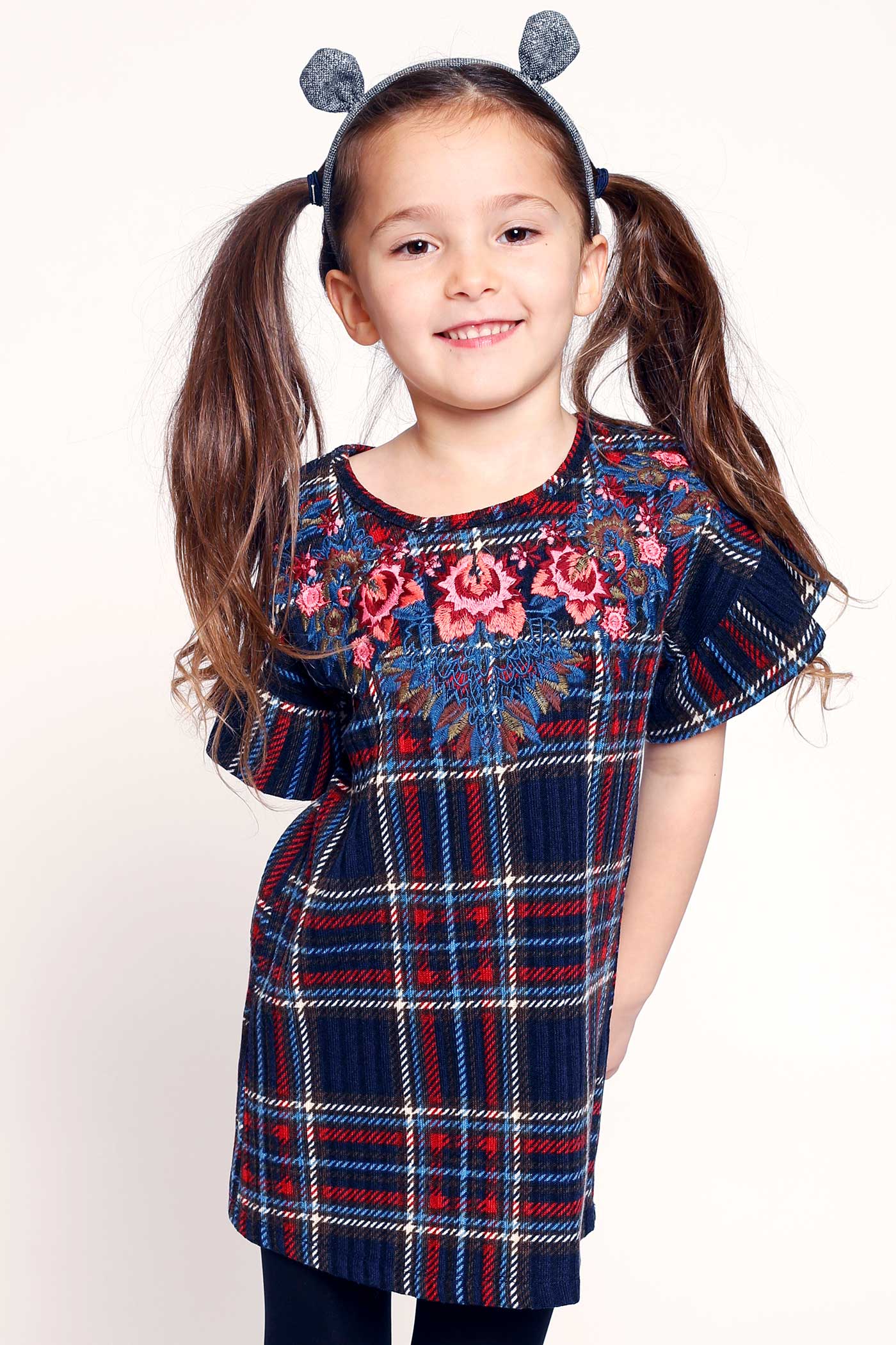 Hannah Banana Girls Flower Embroidered Short Sleeve Plaid Dress