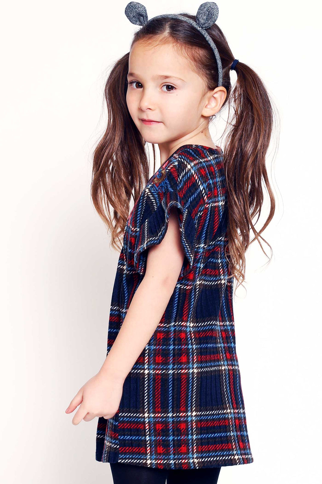 Hannah Banana Girls Flower Embroidered Short Sleeve Plaid Dress