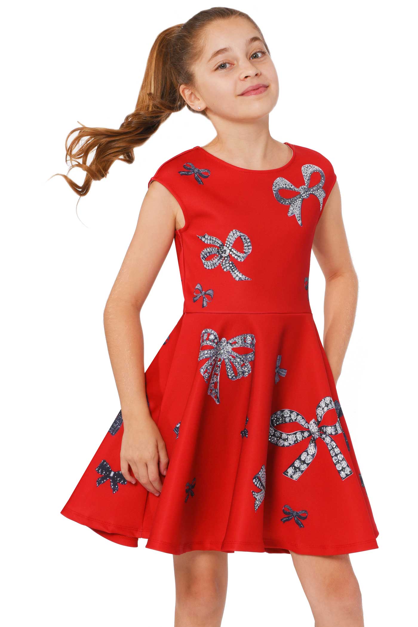 Truly Me Girls Jewel Bow Print Fit and Flare Skater Dress