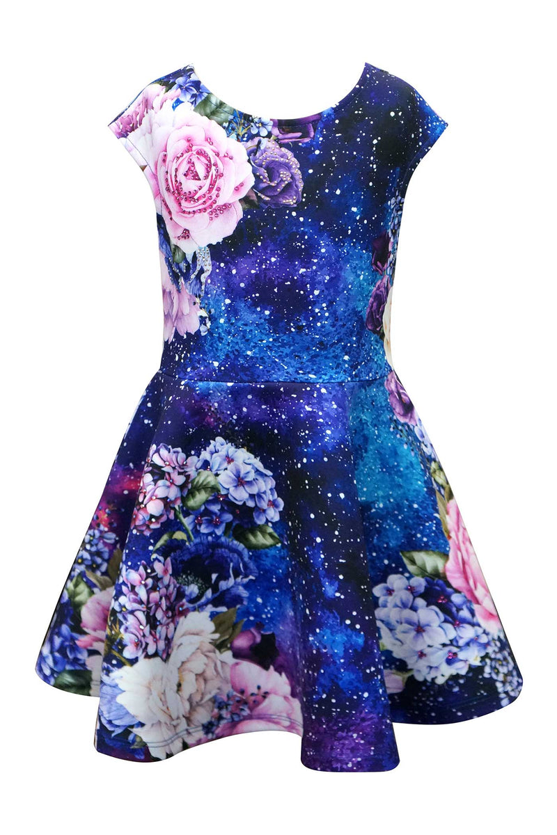 Little Girls Flower and Galaxy Skater Dress - Main Image