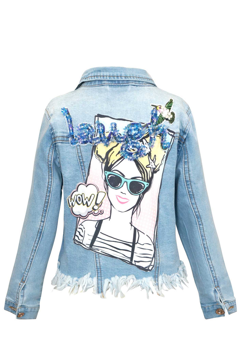 Hannah Banana Little Girls Pop Art Girl Washed Denim Jacket