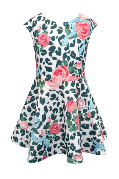 Girls Fit and Flare Leopard and Floral Print Skater Dress
