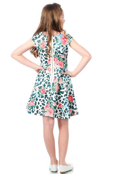 Girls Fit and Flare Leopard and Floral Print Skater Dress