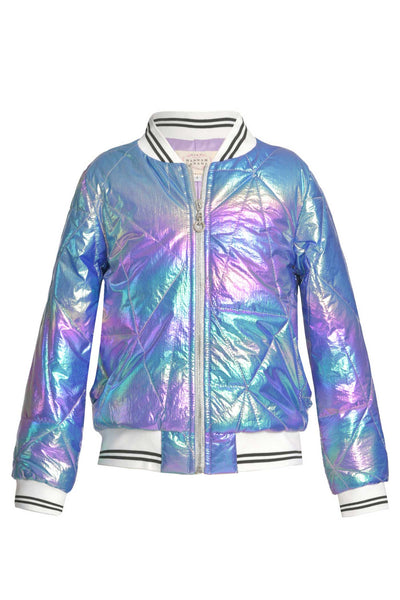 Hannah Banana Girls Holographic Quilted Foil Fashion Bomber Jacket