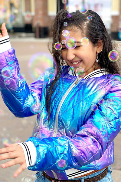 Hannah Banana Girls Holographic Quilted Foil Fashion Bomber Jacket