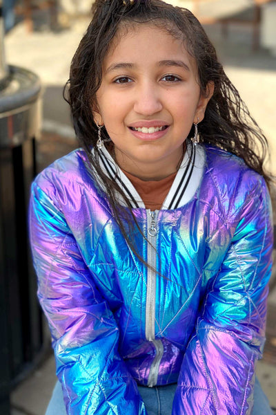 Hannah Banana Girls Holographic Quilted Foil Fashion Bomber Jacket