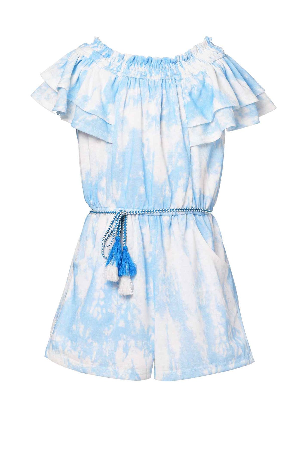Hannah Banana Little Girls Watercolor Tie Dye Print Off The Shoulder Romper Tassel Waist Tie Boho Chic Luxe Trendy Fun Fashion for Children